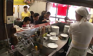 Kitchen maid in Asia Shop gets screwed away from every man in the Shop