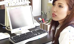 Japanese brunette office lady Yura Hitomi cock deepthroated coupled with dildo effectuation in office uncensored.