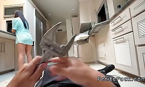 Petite Asian rodes plumbers big gumshoe in kitchen